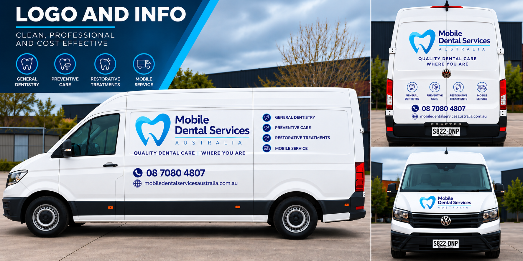 Basic graphics concept for Mobile Dental Services, showing side, rear and front views